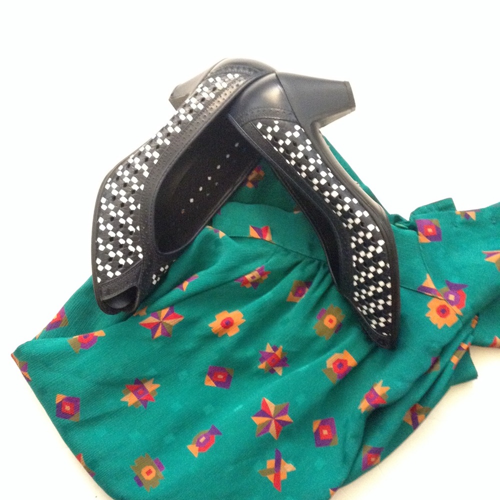 Vintage AVANTI France Peep Toe Shoes, Navy Blue Check, 80s Style,